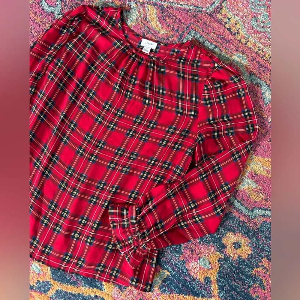 J. Crew | Women’s Red/Multi Tartan Plaid Crewneck Ruffle Sleeve Hems Top, Size S